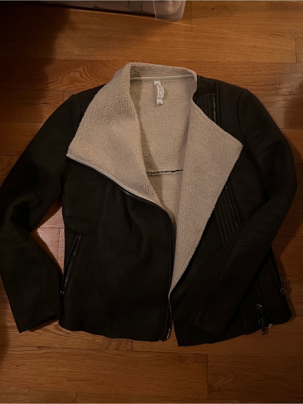 Mural Deep Olive Faux Leather Jacket with Cream Shearling Lining
